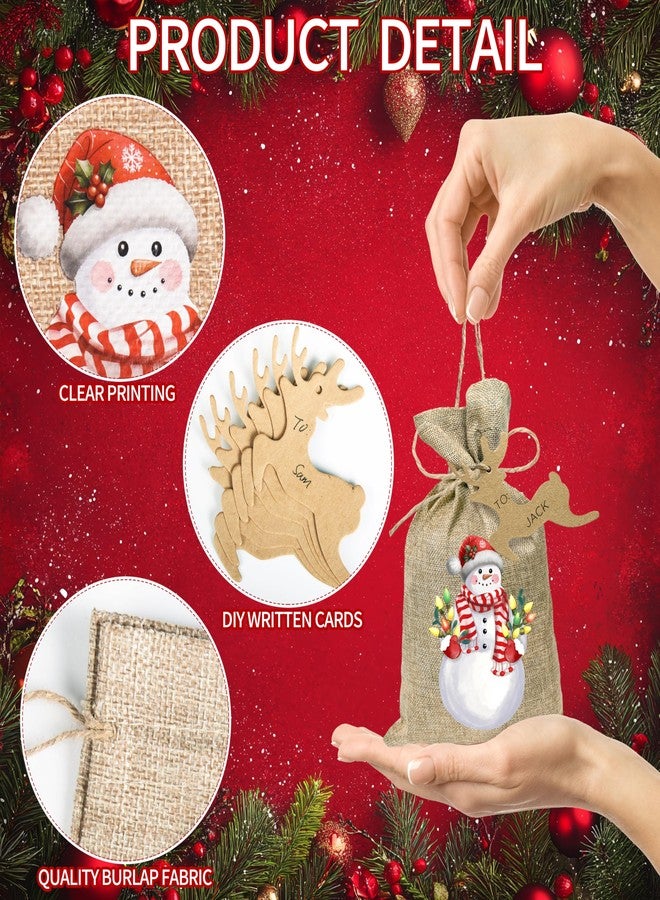 Fayoo 24Pcs Christmas Small Burlap Gift Bags with Drawstring, Xmas Snowman Treat Candy Bag with Tags Holiday Goody Gift Bags Reusable Linen Gift Wrapping Bags for Christmas Party Favors (12 Designs, 7 x 5 Inch) - Image 3